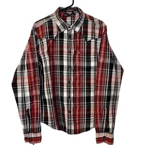 Quicksilver Black Red White Madras Plaid Western Long Sleeve Button Down Shirt L